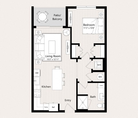 Floor plan for 1 bed, 1 bath, 674 sqft